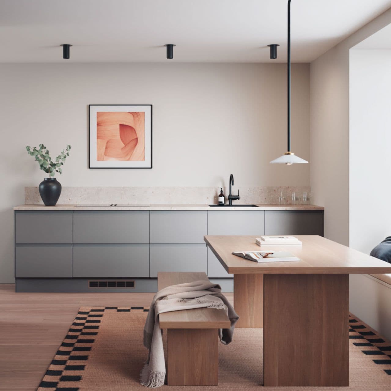 Bilde av grått kjøkken og eikespisebord