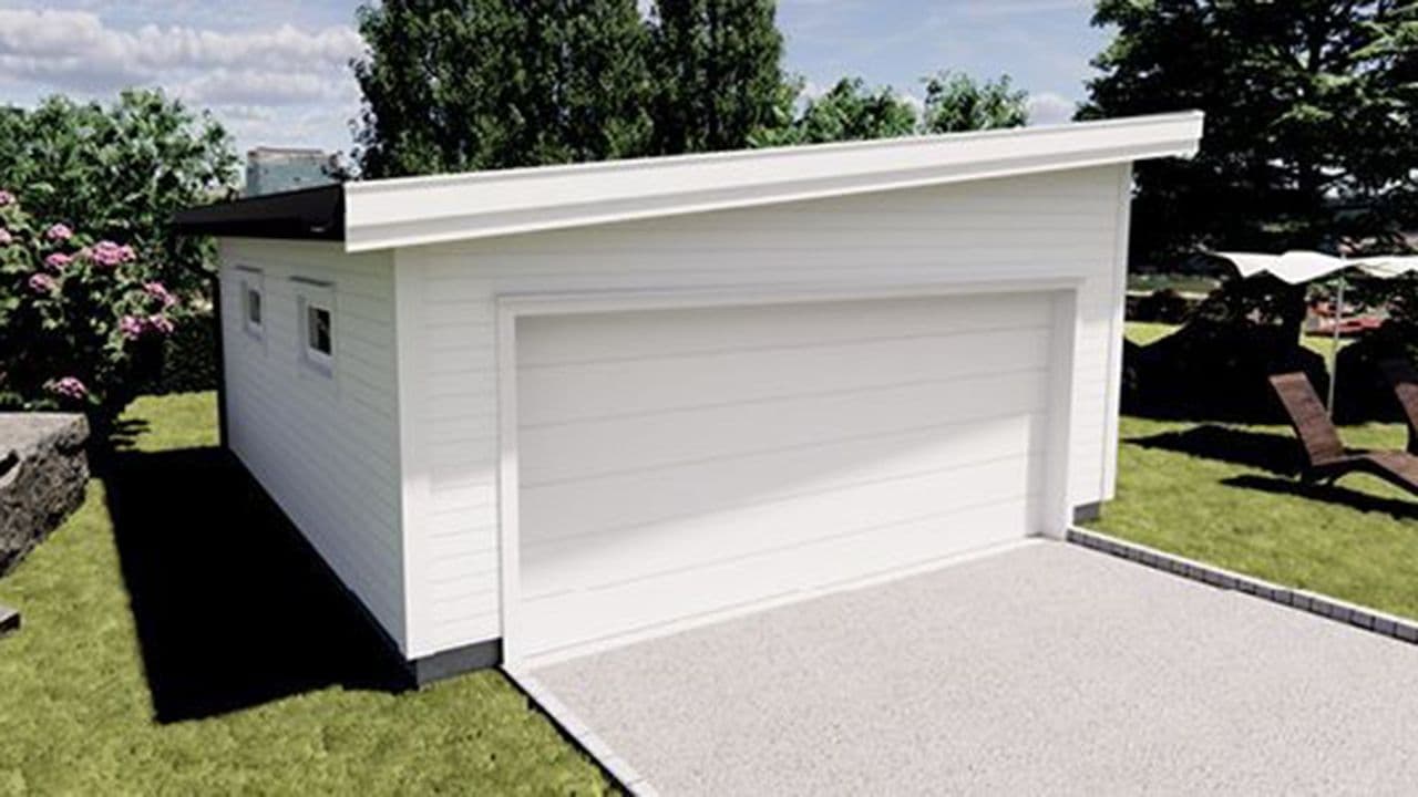 Hvit dobbelgarasje skråtak 6 grader.