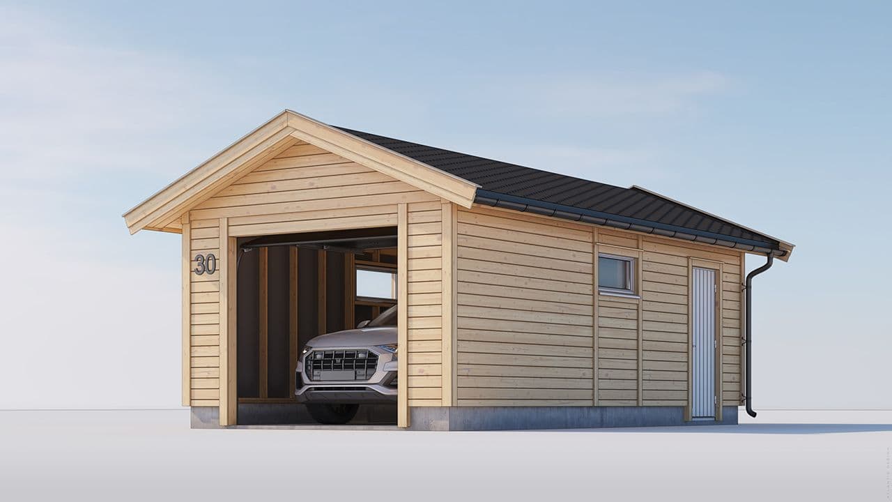 Enkeltgarasje fra Saltdalsgarasjen med stående kledning, sidedør og bil inni.