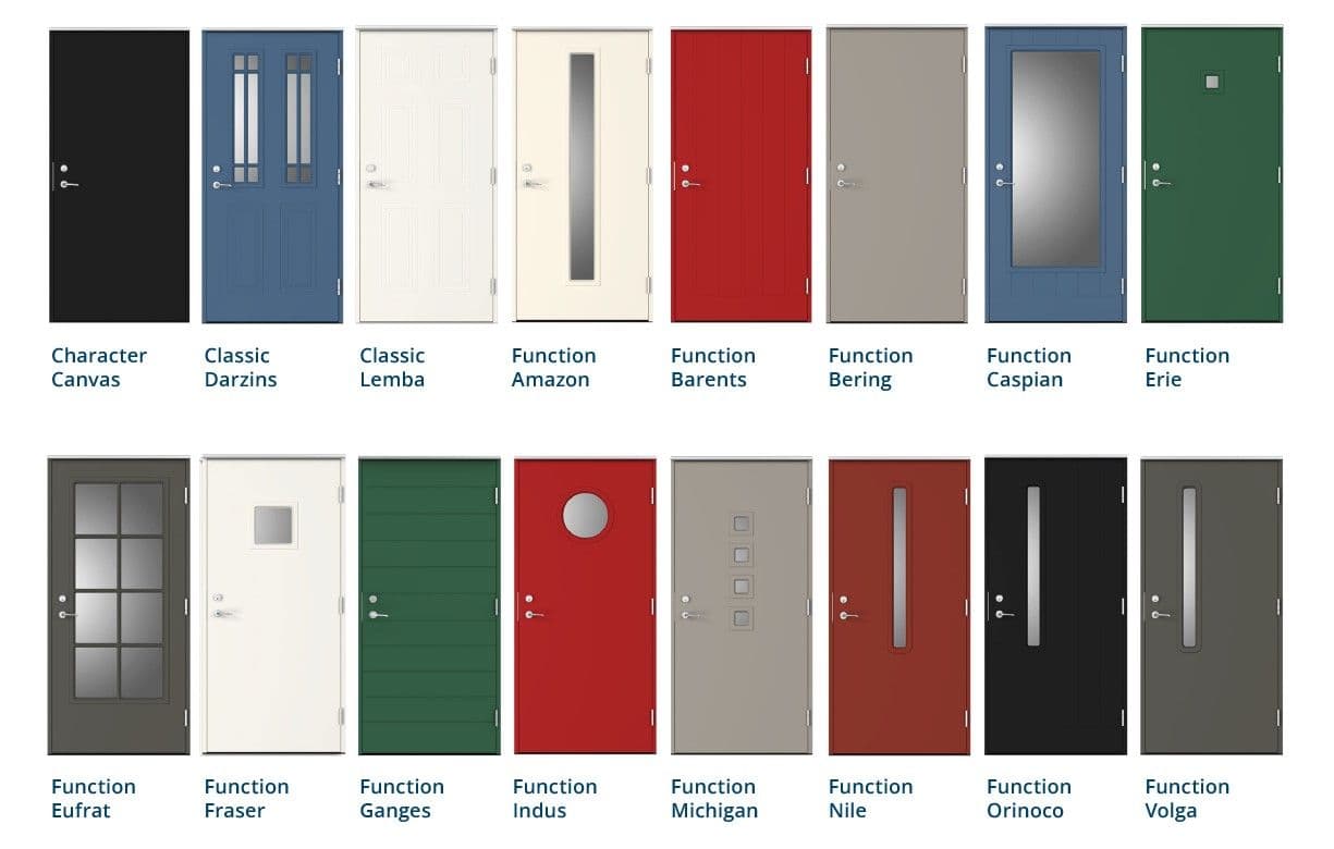 Collage med produktbilder av ulike ytterdører.