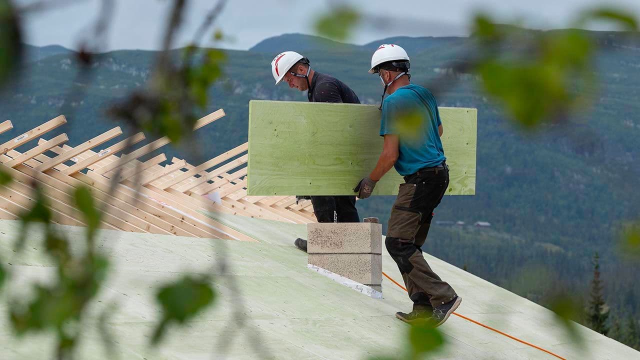 To håndverkere på et tak som skal montere Moelven WeatherPly bygningsplate.