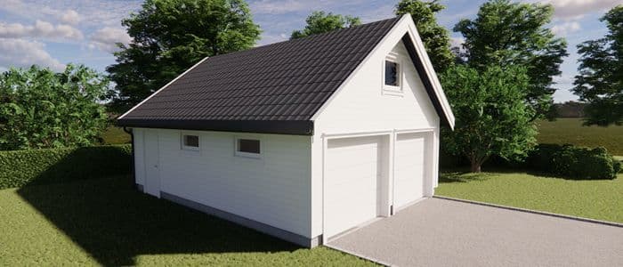 Dobbelgarasje med to porter og hems.