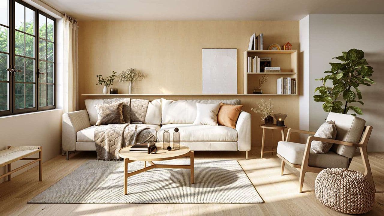 Veggplate i tre i stue med lyse skandinaviske møbler og stort vindu.