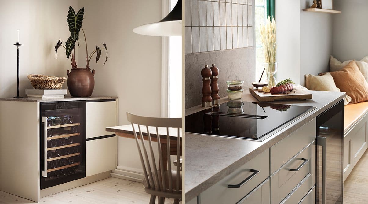 kombinasjon av to ulike bilder av vinskap på kjøkkenet