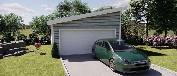 Dobbelgarasje med skråtak på 12 grader og grønn bil foran.