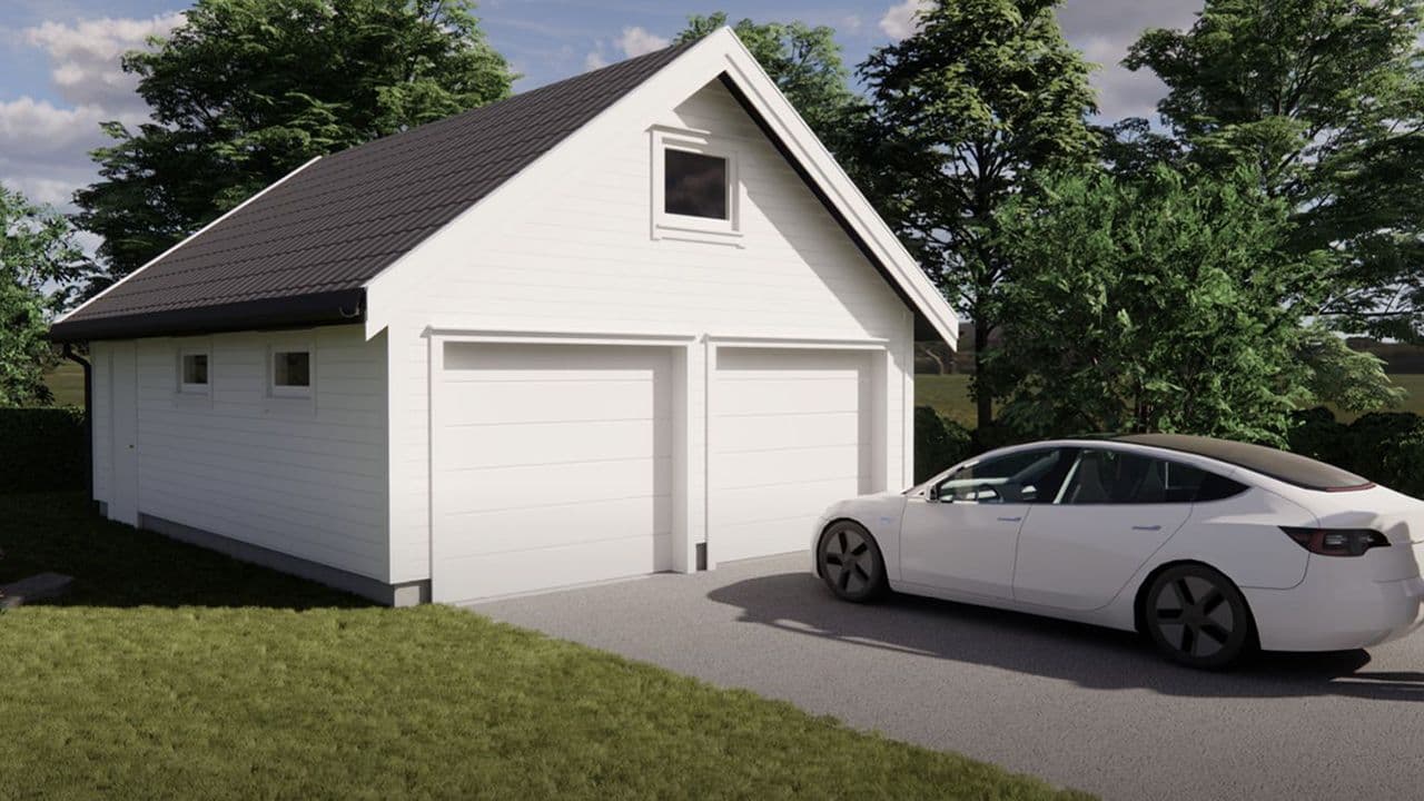 Garasje med saltak, to porter og bil utenfor.