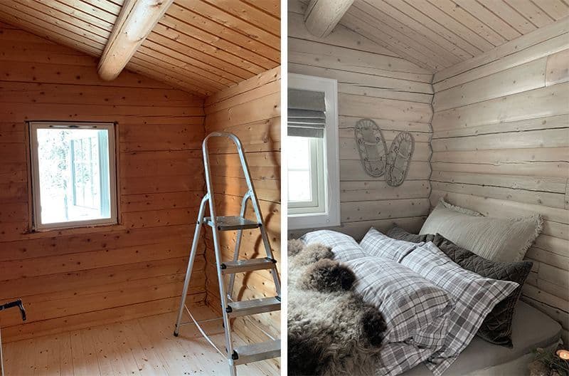 Innvendig panel før og etter beis.