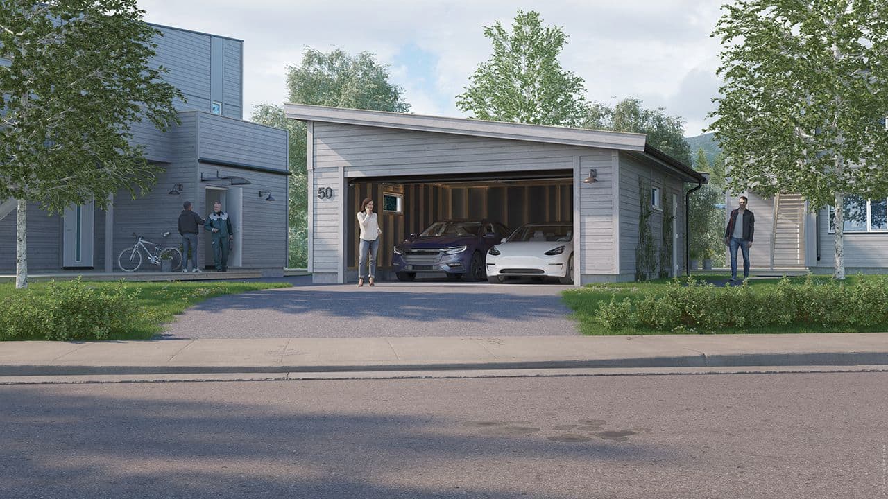 Person utenfor en dobbelgarasje fra Saltdalsgarasjen med pulttak og sidedør.