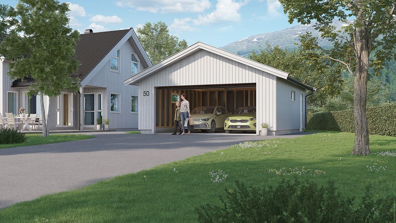 Dobbelgarasje fra Saltdalsgarasjen med to biler og familie som går ut av garasjen.