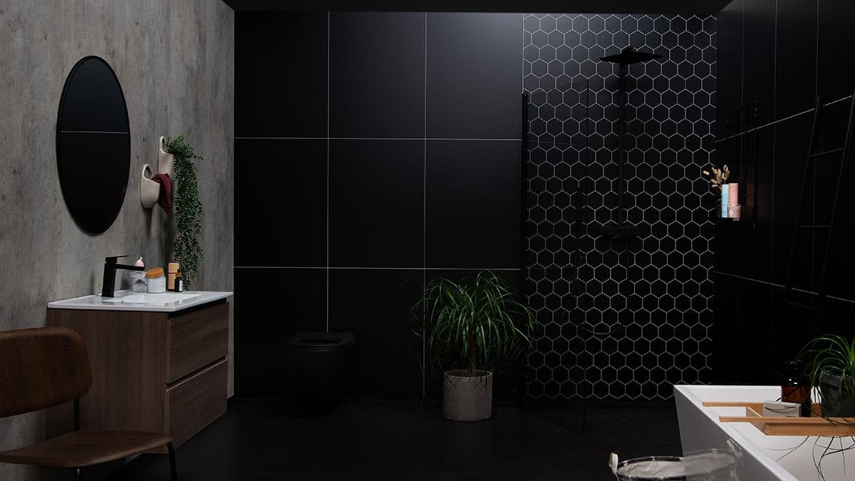 moderne bad med Fibo veggplater: Lentini Grey og Dark Soot