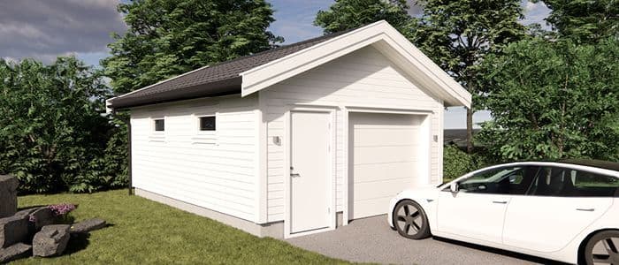 Bred enkelgarasje med inngangsdør i tillegg til port og bil foran.