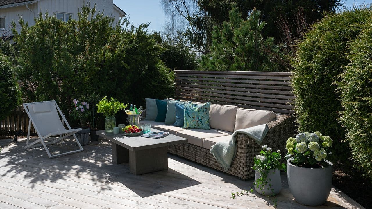 Frittstående levegg på platting i hage mellom to store busker.