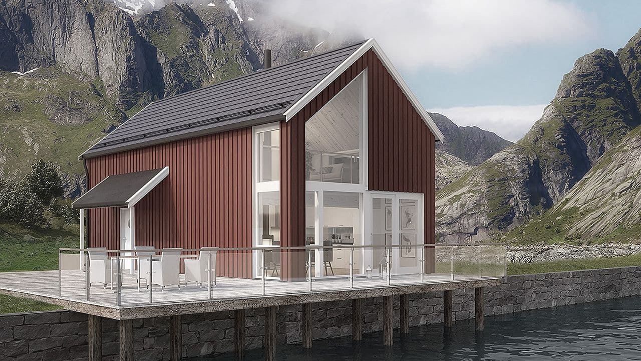 Rødt hus ved sjøen med flate takpanner i stål.